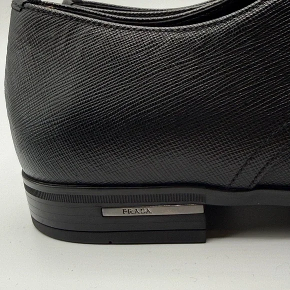 Prada Men's Black Textured Leather Plain Toe Derby Shoes Size 7 - Picture 3 of 10